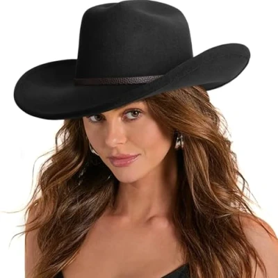 Immagine di DRESHOW Cappello da Cowboy Donna Classico Western Retro a Tesa Larga Modellabile con Fibbia e Cintura Cappelli in Feltro Arrotolati Unisex