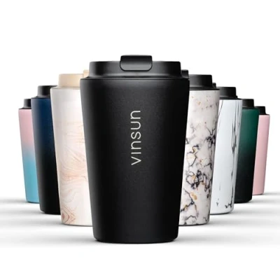Immagine di VINSUN Tazza Termica da Viaggio 350ml Thermo per Caffè e Tè caldo freddo Bicchiere Termico in Acciaio Inox a Doppia Parete Coperchio con Beccuccio, Chiusura Ermetica, Nero