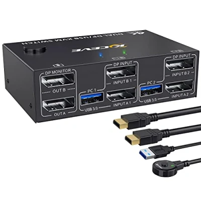 Immagine di Switch KVM USB 3.0 DP 2 PC monitor, display 4K @144Hz Extended Display, Dual monitor Displayport 1.4, per 4 dispositivi USB, tastiera mouse, con cavi USB3.0 e