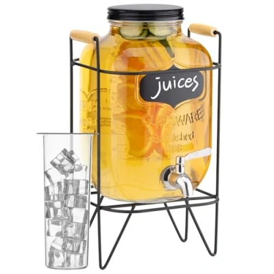 Immagine di Navaris Dispenser per Bevande in Vetro 5 Litri Distributore Acqua con Rubinetto e Supporto Ferro Inclusi Infusore Frutta Porta Ghiaccio Drink Bibite Fredde
