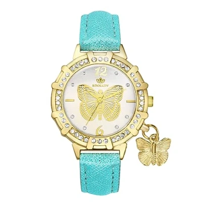 Immagine di JewelryWe orologio da donna Bohemian Butterfly, rotondo con diamanti, cinturino in pelle, analogico al quarzo ciondolo a farfalla, blu, striscia