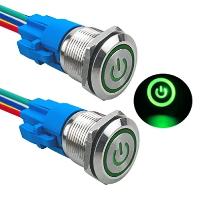 Immagine di Aiqeer 2 Pezzi 19 mm Interruttore a Pulsante Autobloccante, 12V / 24V 5A di Accensione per Auto, in Metallo con Presa Precablata (LED Verde)