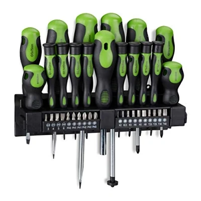 Immagine di Relaxdays Set da 37 Cacciaviti Professionali, XXL, Inserti, Giraviti a Croce e Taglio, Supporto Parete, Nero/Verde