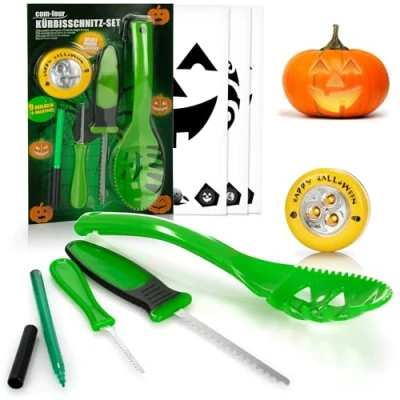 Immagine di COM FOUR® Set da 14 pezzi per intagliare la zucca Halloween Strumenti taglio svuotare le zucche coltello, cucchiaio, penna, stencil e luce a LED (verde con LED)