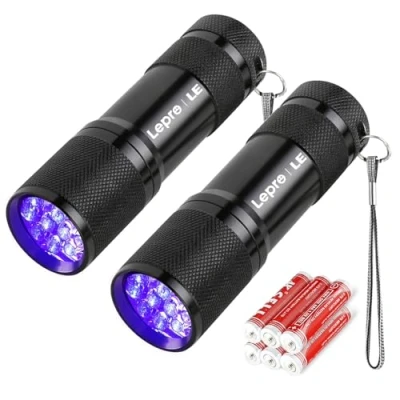 Immagine di COOLAPA LE Small UV Flashlight, Portable Black Light with 9 LEDs, 395nm, Ultraviolet Detector for Invisible Ink Pens, Pet Dog Cat Urin Stain And More, AAA Batteries Included, Pack of 2
