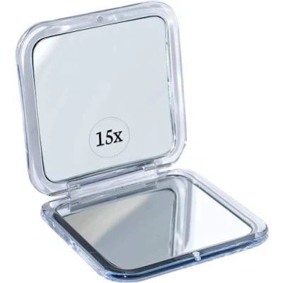 Immagine di Mirrorvana Specchio da Viaggio con Ingrandimento 15X Piccolo e Portatile per Borsa Borsetta Trucco 8,4 cm Quadrato (Argento)