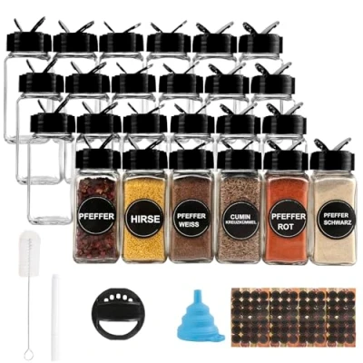 Immagine di pojah Set di 24 Contenitori per Spezie, in Vetro da 120 ml, Rettangolari, con Coperchio Nero, Imbuto, Spazzola, Etichette e Pennarello, 10,5 x 4,3 cm