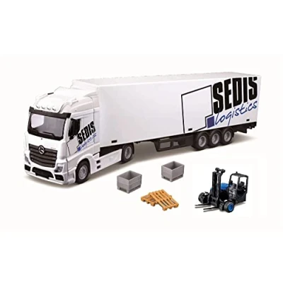Immagine di Bburago 18 31471 CAMION CON RIMORCHIO MERCEDES BENZ ACTROS SEDIS LOGISTICS MULETTO, PALLET E ACCSSORI INCLUSI NELLA CONFEZIONE SCALA 1:43 COLORE BIANCO