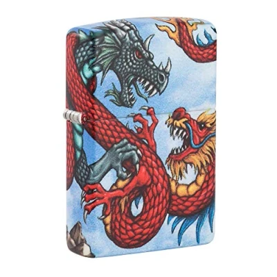 Immagine di Accendino Zippo® Dragon Design 49354, Antivento Ricaricabile Zippo, Realizzato in Metallo con Caratteristico &quot;click&quot; Color Azzurro Rosso Grigio, Made USA, Ottima Idea Regalo