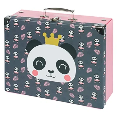 Immagine di Baagl Valigia per bambini giocattoli e forniture scolastiche, valigetta di cartone, giocattolo, pieghevole, custodia pieghevole con manico in metallo, panda, 32.5 x 26 10.5
