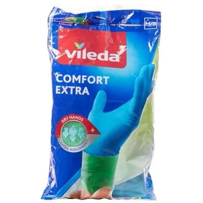 Immagine di Vileda Comfort Extra, guanti casalinghi confortevoli, in lattice, design ergonomico, molto assorbente, rivestimento interno Plus, tre misure: S M L, confezione da 1 pz