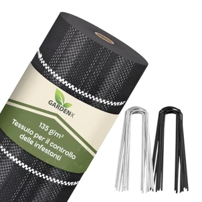 Immagine di GARDENIX tessuto non per erbacce con 50 ancore, 105 m² (2,1 m x m), permeabile all&#039;acqua 135 g/m², nero, resistente ai raggi UV, protezione dalle