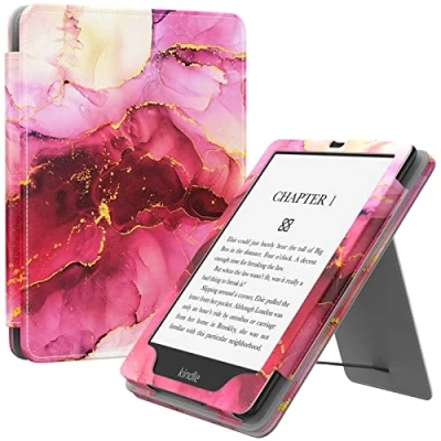 Immagine di MoKo Custodia Compatibile Con 7&quot;/6.8&quot; Kindle Paperwhite(12th/11th Generazione 2024/2021), Magnete Riattivazione e Standby, Supporto Verticale Cinturino per Presa a Mano, Marmo Rosa Viola
