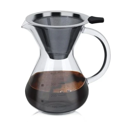 Immagine di Caffettiera Pour Over Coffee Maker, 400ml Dripper Manuale, Drip Decanter, Cold Brew in Vetro, con Filtro Acciaio Inossidabile