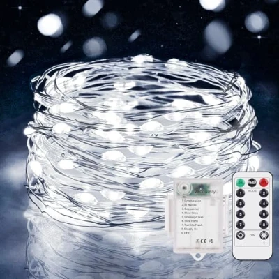 Immagine di Vacoulery Led Stringa Luci a Batteria, 5M 50 LEDs 8 Modalità Lucine Decorative IP65 Impermeabile con Telecomando, Timer e Dimmer per Interni Esterni, Natale, Matrimonio (1 Pezzi, Bianco Freddo)