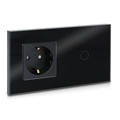 Immagine di Navaris Interruttore Touch e presa Schuko F Pannello in vetro touchscreen da parete con indicatore LED Switch 240V nero