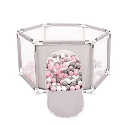 Immagine di Selonis Recinto Esagonale Per Bambini Con 400 Palline Colorate Di Plastica 6 Cm, Grigio:Bianco/Grigio/Rosa Chiaro