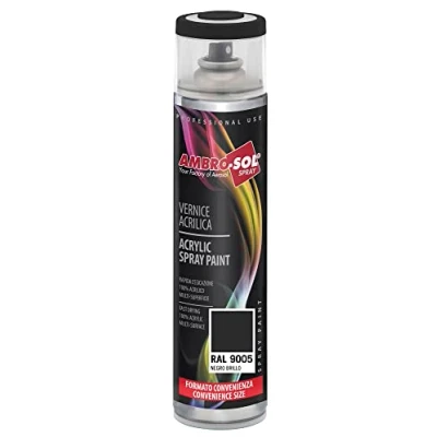 Immagine di Ambro Sol V600PAST5 Smalto Acrilico Multiuso, Vernice per Interni ed Esterni, Adatto Qualsiasi Tipo di Materiale, Bomboletta Spray in Banda Stagnata Riciclabile 600 ml, Ral 9005 Nero Lucido
