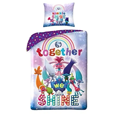 Immagine di Halantex Trolls, set di biancheria da letto double face, 2 pezzi, 100% cotone, copripiumino 140 x 200 cm, federa 70 90 per bambini
