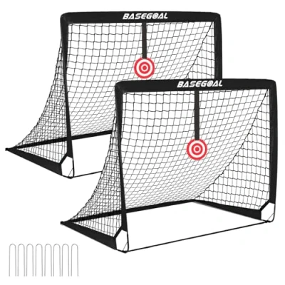 Immagine di BaseGoal Porta da Calcio per Bambini, Set di 2 Pop up con Porta, Bullseye Sospeso e Borsa, Rete Esterni, Giardino Gioco Interni (120x90x90cm)