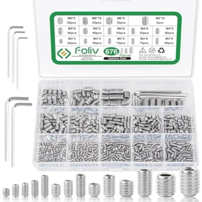 Immagine di Foliv Set di 676 viti senza testa in acciaio inox M3 M4 M5 M6 M8 cavo/esagono incassato DIN 913, a esagonale con chiave inglese per maniglia della porta, porta