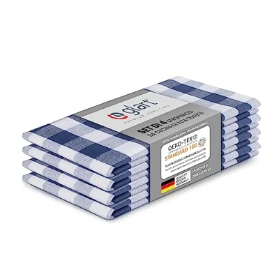 Immagine di Glart 48BYB Set di 4 asciugapiatti premium, 70x50 cm, 100% cotone certificato OEKO TEX, a quadri blu, prelavati