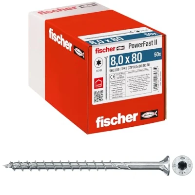Immagine di Fischer PowerFast II 566309 Vite da legno 8 mm 80 Interno Esagonale rotondo, multidentato, TX, Torx, Impronta T Acciaio galvanizzato zinco 50 pz.