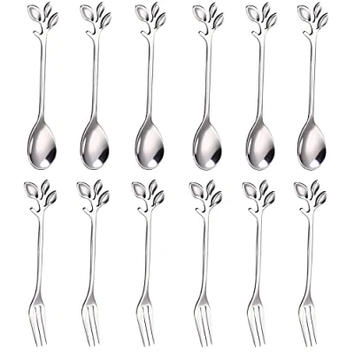 Immagine di 12 Pezzi Set di Posate Miste Cucchiai e Forchette, Forchetta da Dessert, Cucchiaino Caffè in Acciaio Inox, Compresi 6 per Tea Party Cucina Caffetterie