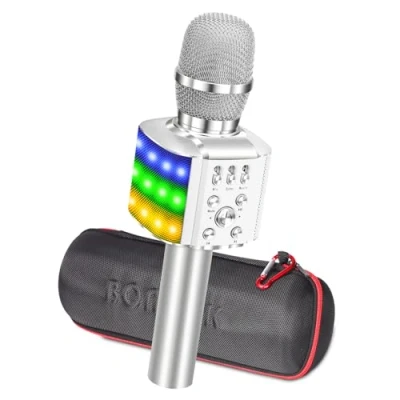 Immagine di BONAOK Karaoke Microfono Wireless, Bambini con Aggiornato 4 in 1 Portatile Rechargeable Player, Festa a Casa LED Flash Microphone per Android/iPhone/PC (Argento)