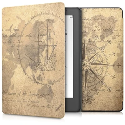 Immagine di kwmobile Custodia eReader Compatibile con Kobo Aura H2O Edition 2 Cover eBook Reader Flip Case marrone/marrone chiaro Mappamondo vintage