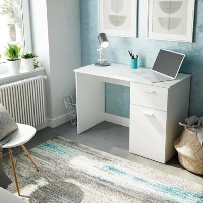 Immagine di Dmora Scrivania modernaper Ufficio e Studio con cassetto Anta, Tavolo da Computer, Scrittoio Porta PC, cm 108x50h73, Colore Bianco