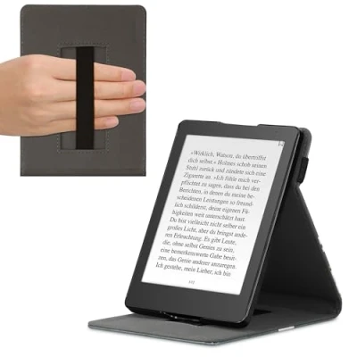 Immagine di kwmobile Custodia Cinturino Mano Compatibile con KoboAura Edition 2 Cover eReader Stand Marrone Grigio/Bianco/Grigio Scuro Magnolie