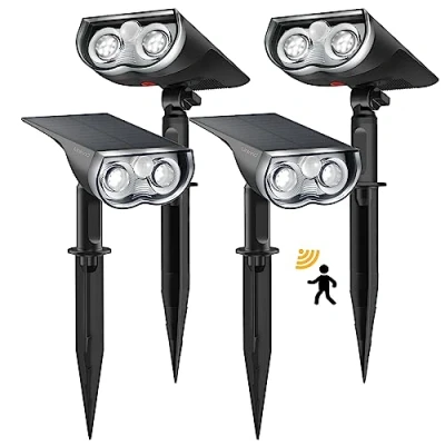 Immagine di lampade solari Linkind faretto solare con sensore di movimento 6500K bianco freddo, 3 modalità, 1000Lm luminose per esterni 2 supporti, da giardino IP67, 4 pezzi