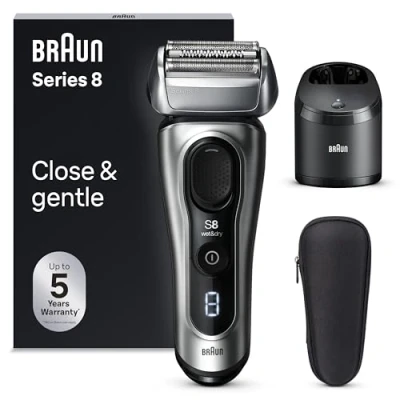 Immagine di Braun Series 8, Rasoio Elettrico Barba, Rifinitore di precisione, Custodia Viaggio, Lame Flessibili, Stazione SmartCare, Uso a Secco o Sotto Acqua, Batteria Litio Ion, Idea Regalo, 8567cc Argento