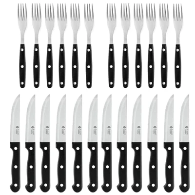 Immagine di Russell Hobbs COMBO 4796 Set da 24 pezzi di forchette e coltelli bistecca, servizio 6, con lame in acciaio inox, seghettati affilati, manici ergonomici, nero