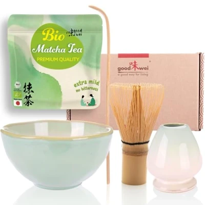 Immagine di Goodwei Set di Matcha Completo Tazza Cerimoniale con frusta e cucchiaio incl. Tè Biologico Giapponese (Hasunomi)