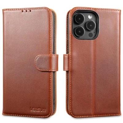 Immagine di Lensun Cover per iPhone 15 Pro Max, Custodia in Vera Pelle [RFID Blocking] Slot Schede Portafoglio Chiusura Magnetico Flip Custodie Cuoio Telefono Max Marrone Scuro