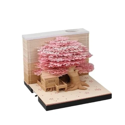 Immagine di MEICHI Blocco note 3D, non incollato, arte su carta 3D con scatola display trasparente, 9 x 6 cm, 260 fogli, centrotavola modello di carta, casa sull&#039;albero (Casa rosa)