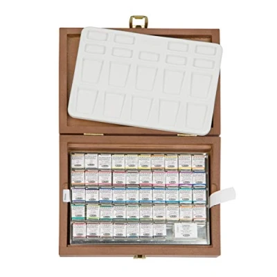Immagine di Schmincke HORADAM® AQUARELL Premium scatola di pittura in legno con 47 colori sopraffini, 74548097, ONetz e tavolozza porcellana, set pittura, acquarelli 48 x 1/2 godet
