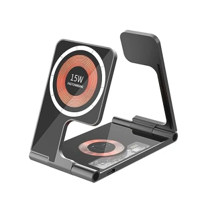 Immagine di DAM base di ricarica pieghevole 5 in 1. Magsafe 15 W, caricatore per Apple Watch e Qi. Doppia funzione stand. 10,9 x 6,4 1 cm. Colore: nero
