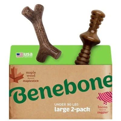 Immagine di Benebone Confezione da 2 bastoncini di acero indistruttibili per masticatori aggressivi, a lunga durata, resistenti alla noia cani, vero sapore pancetta e legno d&#039;acero, cani grossa