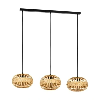 Immagine di Eglo Amsfield 1 Lampada a sospensione 3 luci, da appendere sopra il tavolo pranzo, con attacco E27, L 96 cm, in metallo nero e bambù marrone