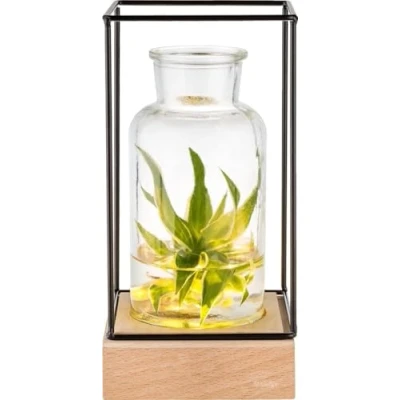 Immagine di Gadgy® l Vaso vetro transparante con luce a led stilo scandinavo base in legno naturale e struttura metallo 22.5 x 10.8 10,8 cm