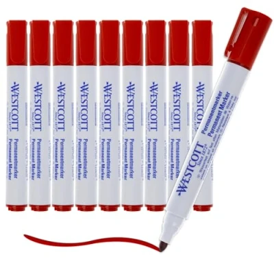 Immagine di Westcott Pennarello indelebile rosso, confezione convenienza, 10 pezzi, impermeabili, punta tonda da 1,5 3,0 mm, resistente alla luce, ad asciugatura rapida, a prova di sbavature, E 713006 00