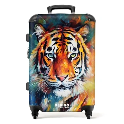 Immagine di NoBoringSuitcases.com © Valigia rigida con ruote Trolley medio grande Llucchetto TSA (Ritratto di una tigre come opera d&#039;arte ad olio), (Valigia media 67x43x25 cm)