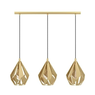 Immagine di Eglo Carlton lampada a sospensione in legno 3 luci, da appendere sopra il tavolo pranzo, metallo dorato dal design retrò, con attacco E27, L 80, 5 cm
