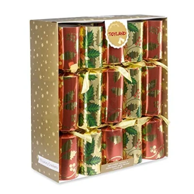 Immagine di Toyland 10 x Deluxe Grandi Cracker di Natale Rosso, Verde e Oro con Design Agrifoglio