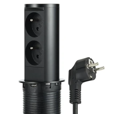 Immagine di Electraline 35464 Blocco multipresa a scomparsa, 2 francesi, diametro standard, presa da incasso per cucina, ufficio, corpo in acciaio inossidabile nero, verticale D.60 mm