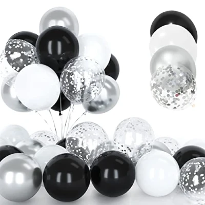 Immagine di 30Pcs Palloncini Argento Bianchi, 12 Pollici Metallizzato Cromati Confetti Palloncini, Lattice Elio Nero con Nastroper Compleanno Matrimonio Bambini Baby Shower Feste Decorazioni