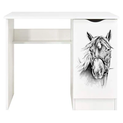 Immagine di Leomark scrivania per bambini in legno 90cm x 50cm 77cm (LxPxA), set di mobili computer, scrittoio stile moderno, tavolo imparare e giocare, bambini, Ritratto un cavallo